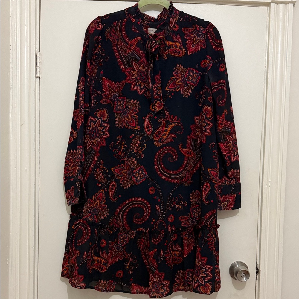 LOFT Long Sleeve Paisley Dress - Navy and Red